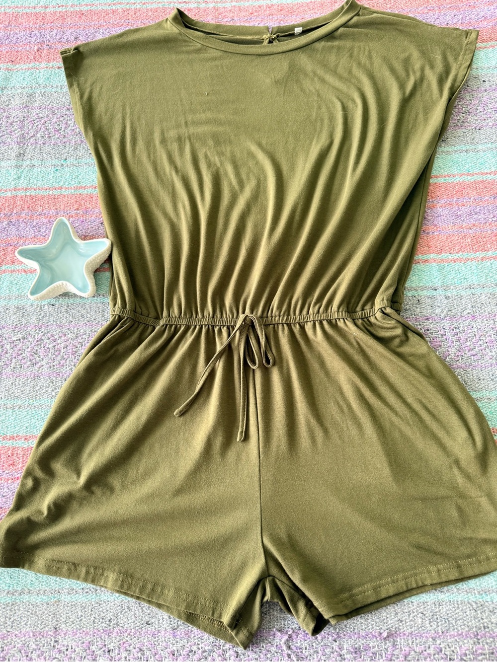 Olive Green Romper XXL Pockets Stretch Knit Casual One Piece Outfit